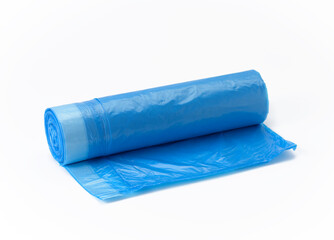 blue plastic trash bags with strings on white background