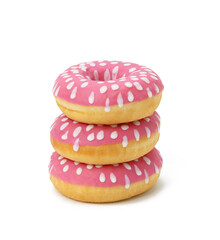 baked round donut with pink icing and white dots isolated on white background, close up