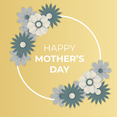 Mom greeting card. Vector beige pastel love symbols in shape of heart and Happy Mother's Day calligraphy on yellow sky background.