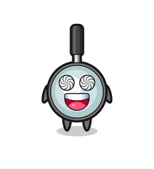 cute magnifying glass character with hypnotized eyes