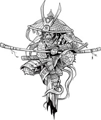 Cartoon angry monkey king character. Japanese samurai in traditional armor and hat with katana sword and lightnings. Black and white vector.