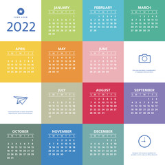 2022 Year Calendar. Week starts on Sunday. Concept for print and WEB. Vector  illustration.