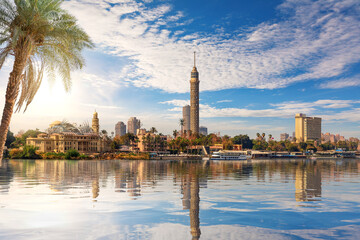 Cairo downtown, view on Gezira Island and the tower from the Nile, Egypt - obrazy, fototapety, plakaty