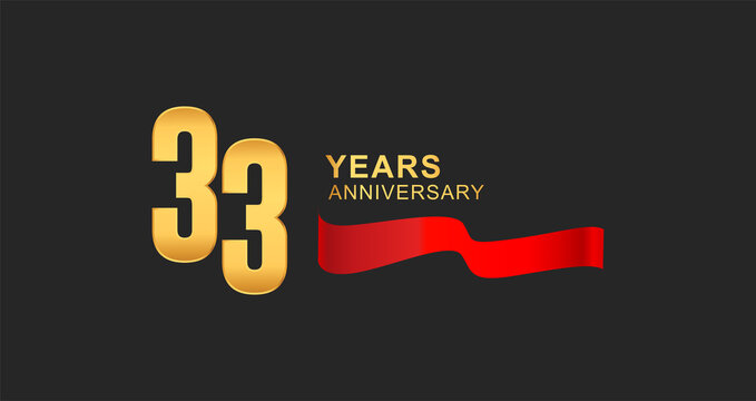 33rd anniversary design logotype golden color with red ribbon elegant design for anniversary celebration