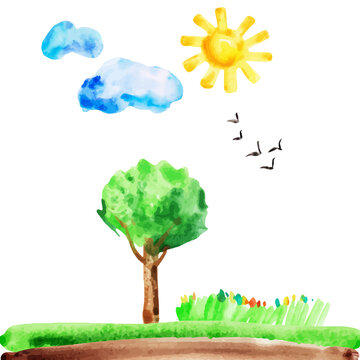 Watercolor hand drawn naive kids drawing with sun, cloud, birds, tree, grass and meadow flowers