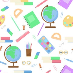 Fototapeta na wymiar Seamless pattern with stationery for study or office, vector illustration. Globe, books, pen, pencil, ruler in a mess, background. Template for school or college. A set of necessary items for study.