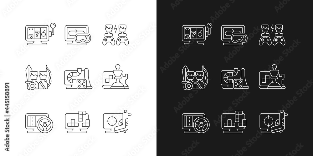 Aufkleber online gameplay linear icons set for dark and light mode. exciting time spending with friends. custo