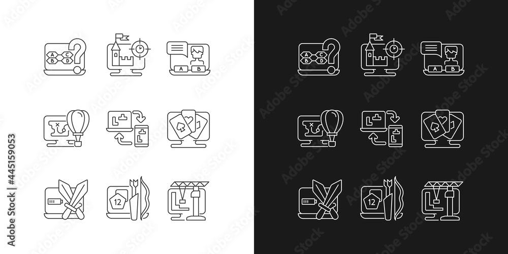 Poster game genres linear icons set for dark and light mode. interesting adventure story to play with frien