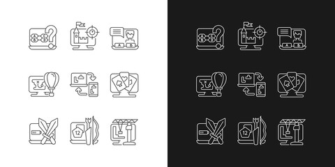 Game genres linear icons set for dark and light mode. Interesting adventure story to play with friends. Customizable thin line symbols. Isolated vector outline illustrations. Editable stroke