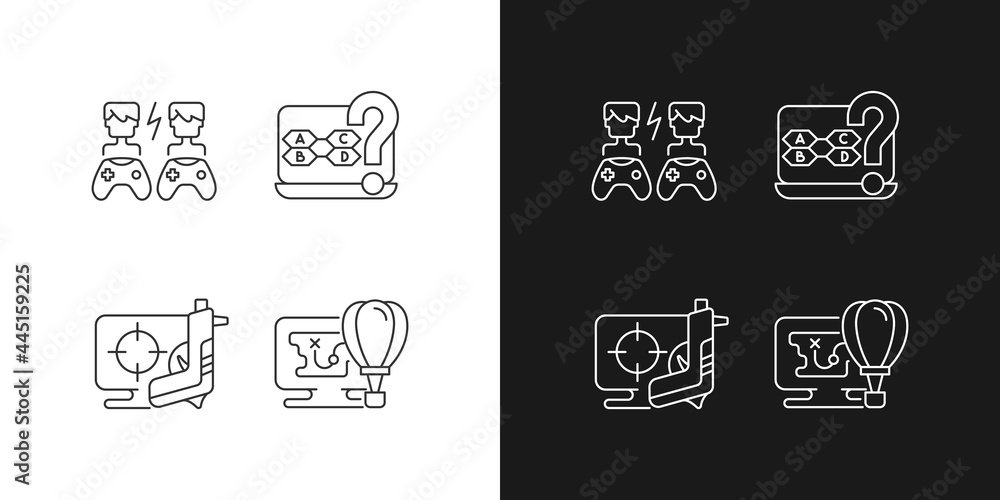 Poster cooperative games linear icons set for dark and light mode. playing against other players. customiza