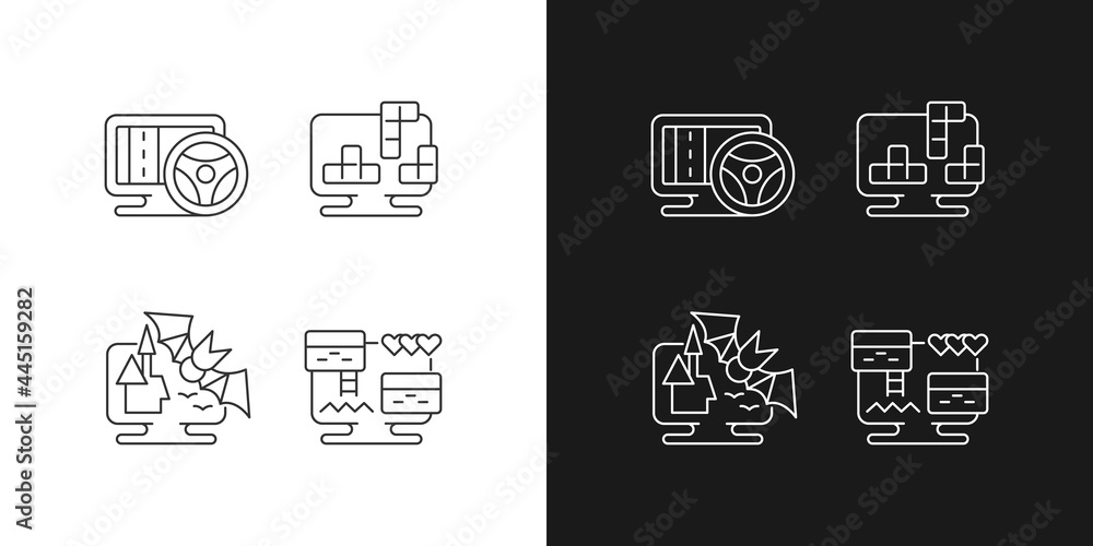 Poster life simulator games types linear icons set for dark and light mode. vehicles controlling games. cus