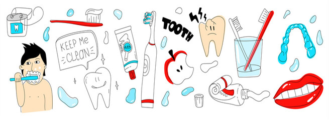 Dental care doodle set. Simple tooth care illustration. tools for Healthy teeth. Floss and toothbrush. everyday routine. trendy set of elements. 
