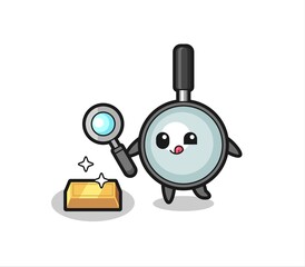 magnifying glass character is checking the authenticity of the gold bullion