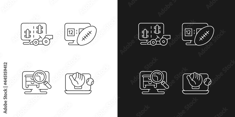 Poster sport simulators types linear icons set for dark and light mode. virtual car controlling racing. cus