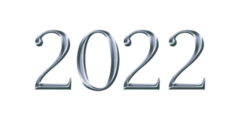 Happy New Year 2022 card with silver shiny numbers. White winter holiday background with metallic festive numbers, Merry Christmas banner, invitation, calendar, poster design vector illustration