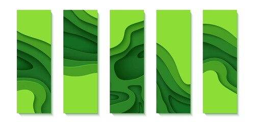 Set of green flyers in paper cut style. Collection of vertical banners 3d abstract background. Vector environmental cards template with cut out wavy shapes for posters, business presentations.