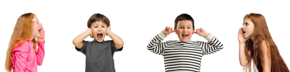 Art collage made of portraits of little and happy kids isolated on white studio background. Human emotions, facial expression concept