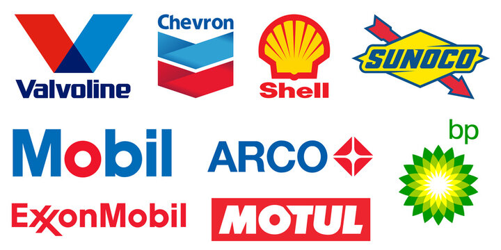 Vinnytsia, Ukraine - July 14, 2021. Set of Top Fuel and Energy Industry Logos: Valvoline, Chevron, Shell, Sunoco, Mobil, Arco, British Petroleum, ExxonMobil Motul Editorial vector