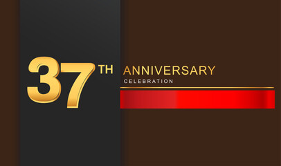 37th years anniversary celebration logotype golden color with red ribbon elegant design for anniversary celebration, invitation card, and greeting card.