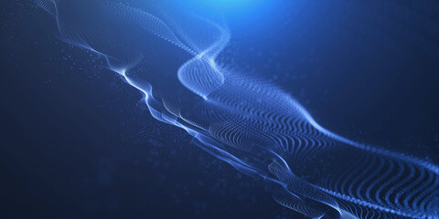 Abstract colorful digital particles wave with bokeh and light background, 3d render wave line dot background, line wave light glowing effect particular. Digital technology particular background.
