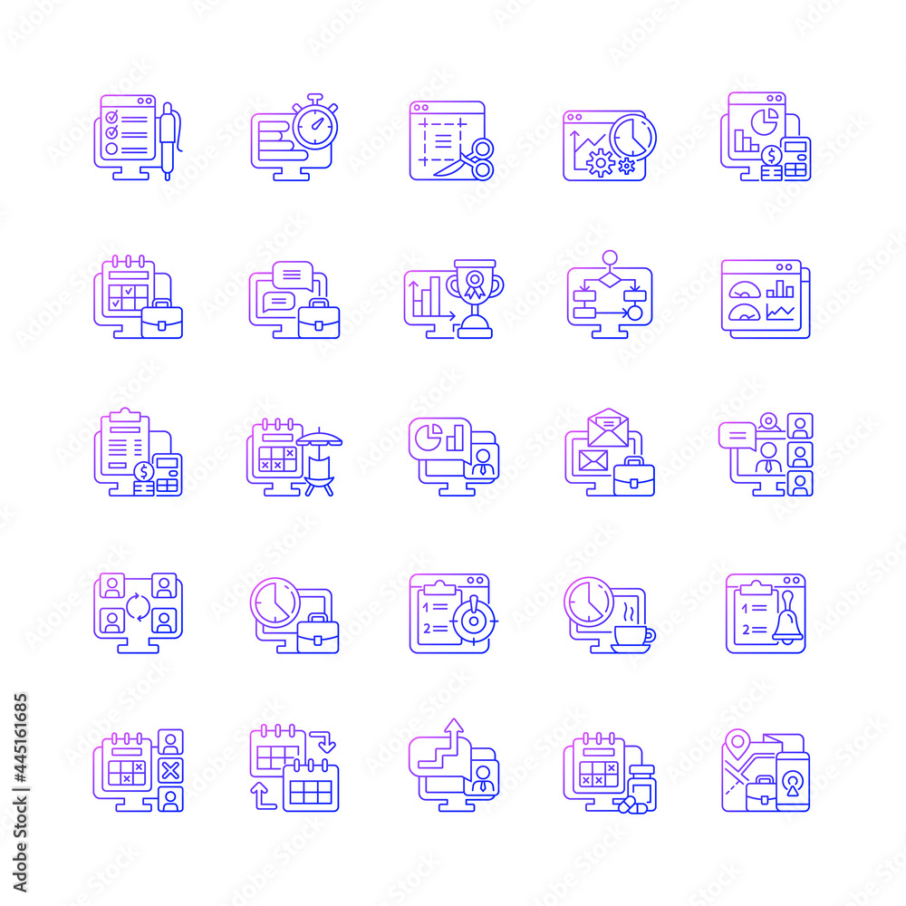 Poster work monitoring gradient linear vector icons set. employee performance control. productivity for tas