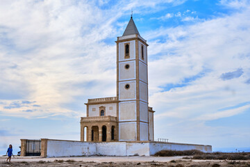 Cabo de Gata, Alemria September 19, 2020, Church of San Miguel seen from the road to Las Salinas, Cabo de Gata-Nijar Natural Park, Almeria Province, Andalusia, Spain