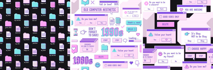 Old computer aestethic 1980s -1990s. Set of seamless patterns with retro pc elements and user interface. - obrazy, fototapety, plakaty