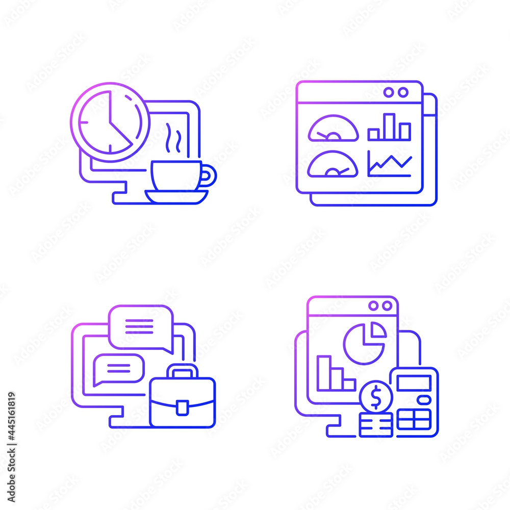Poster work tracking gradient linear vector icons set. coffee, lunch break for employee. work monitoring to