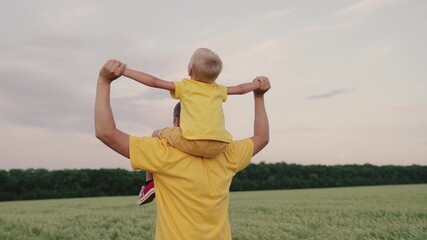 Dad plays with his son, carries on shoulders of his beloved child in summer on field. Happy family is playing in park. Father walks with baby on his shoulders, raising his arms and flying like plane.
