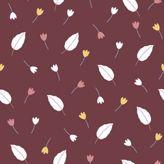 Seamless vector pattern with colorful flowers and leaves on a plum background