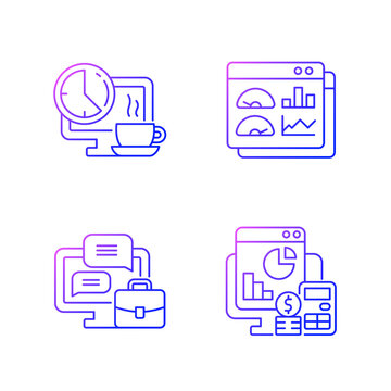 Work tracking gradient linear vector icons set. Coffee, lunch break for employee. Work monitoring tools. Thin line contour symbols bundle. Isolated vector outline illustrations collection