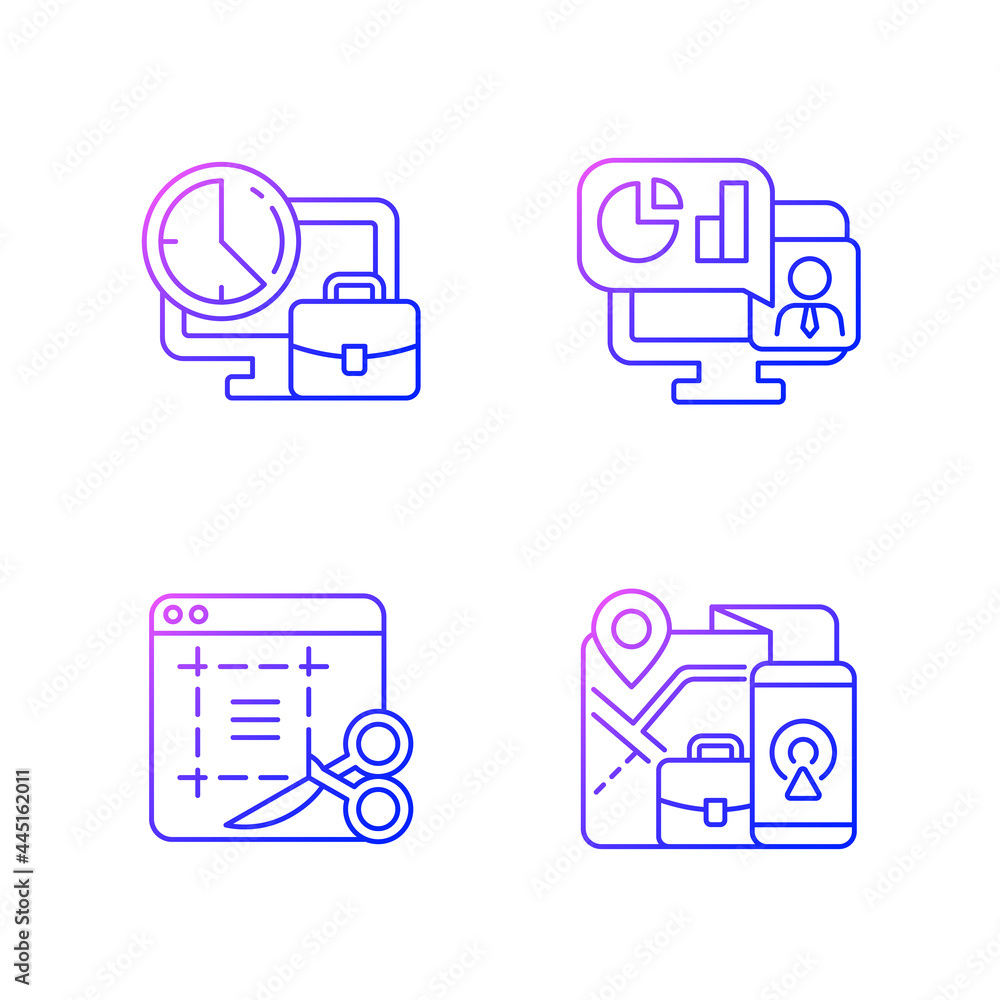 Poster remote work monitoring gradient linear vector icons set. online presentation with marketing strategy