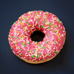 Pink caramel glazed donut on dark background close-up