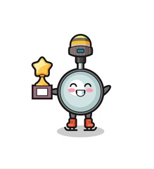 magnifying glass cartoon as an ice skating player hold winner trophy