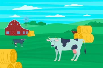 Cartoon Color Cows Farm Landscape Scene Concept. Vector