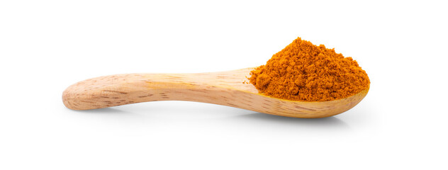 Turmeric powder in a wooden spoon on white background.