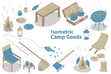 キャンプで使う道具のシンプルなアイソメのアイコンセット
