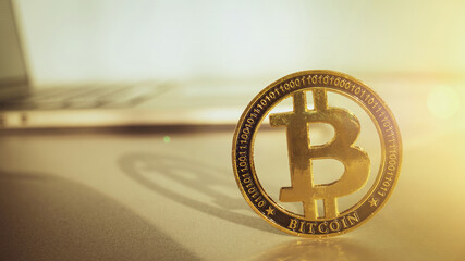 Trade bitcoin. Golden Bit Coin virtual cryptocurrency or blockchain technology. Gold Crypto currency BTC Bitcoin on black background. Block chain, network connect concept.