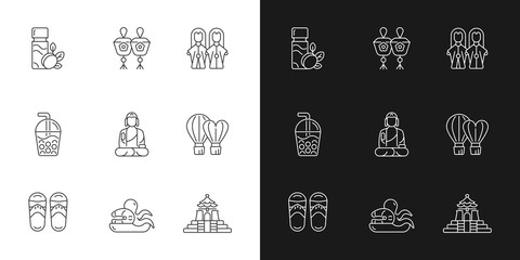 Traditional taiwanese linear icons set for dark and light mode. Budaixi glove puppets show. Asian attractions. Customizable thin line symbols. Isolated vector outline illustrations. Editable stroke