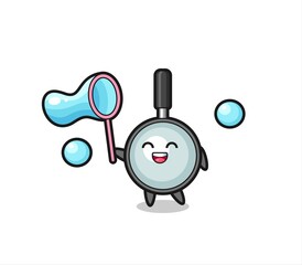 happy magnifying glass cartoon playing soap bubble