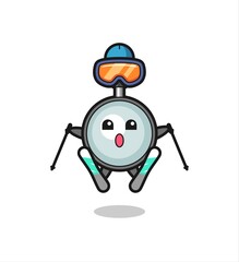magnifying glass mascot character as a ski player