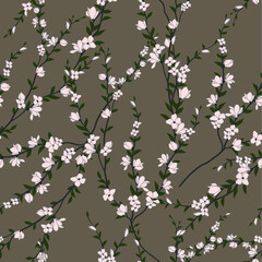 seamless pattern of flowers, branches and leaves
