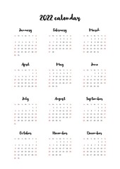 Wall calendar 2022. Blank printable vertical one-page calendar. Vector illustration 10 EPS.