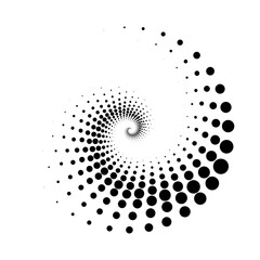 Vector editable graphics. Monochrome dots in the form of a circle, a spiral. Round geometric logo, stencil, dotted frame, web banner, poster, cover, social media splash with place to place your text.