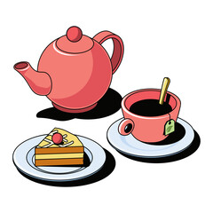 Teapot, cup of tea, dessert cake. Vector 3d sketch line isometric, color icon illustration, flat style. Creative design idea and elements for infographics and website.