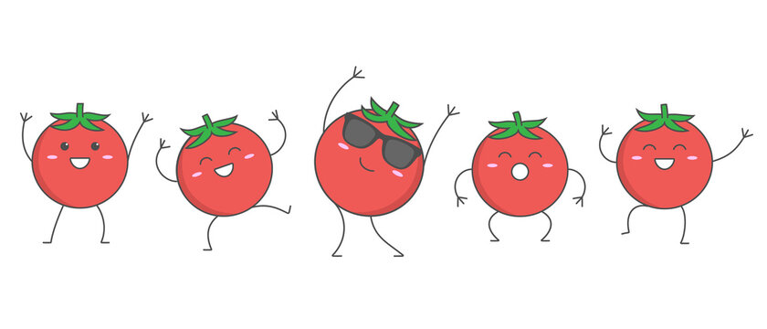 Character cartoon dancing tomatoes happy emotions set icon logo vector illustration.