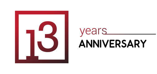 13th years anniversary design logotype with red color in square isolated on white background for anniversary celebration