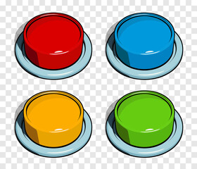 Big red, blue, orange and green push buttons set in comic cartoon style. Vector illustration isolated on transparent background