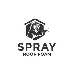 Fototapeta na wymiar spray roof foam logo, a person wearing a helmet sprays the roof of the house