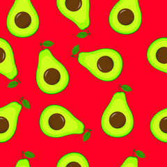 Cute cartoon neon avocado isolated on red background. Seamless pattern design. Vector illustration.